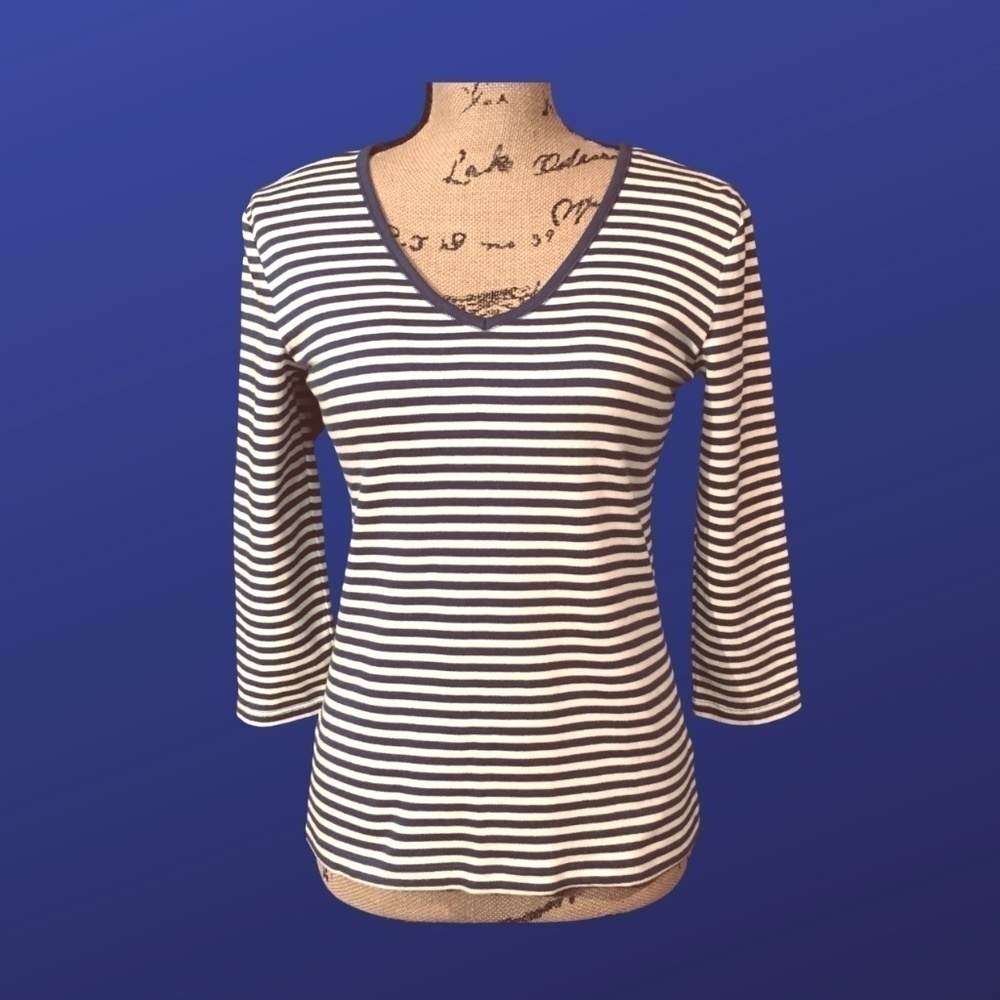 LIZ CLAIBORNE 100% Cotton Top, 3/4 Sleeve, BLUE/CREAM STRIPE, Size Small, NWOT